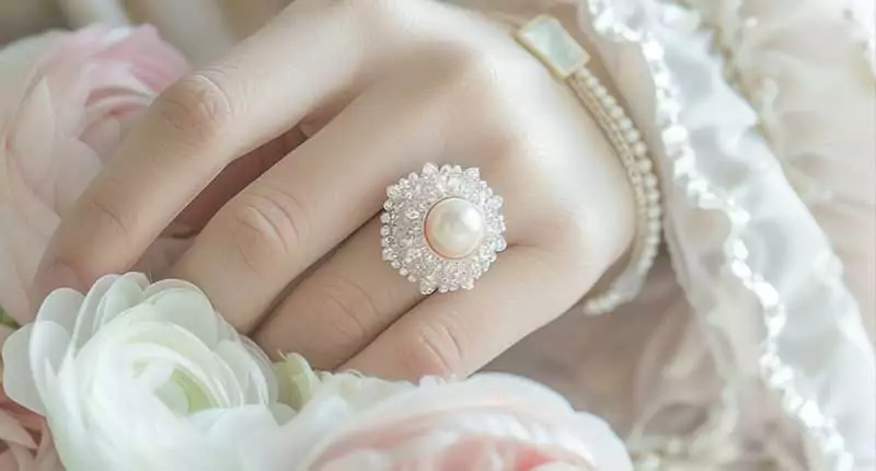 A lady's hand with a pearl and diamond ring