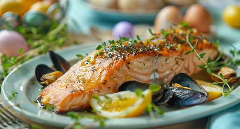 A plate of salmon, vegetables and lemon