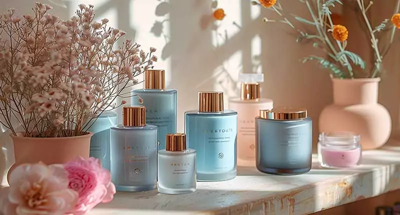 Table with many bottles of perfume